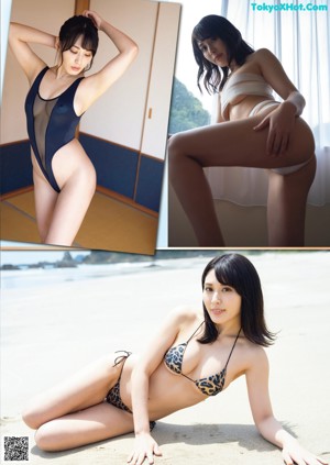 A woman in a white bra and black skirt posing for a magazine.