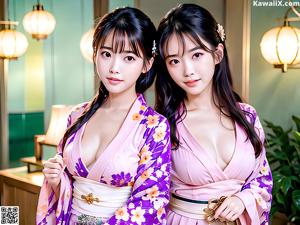 A woman in a kimono is posing on a bed.