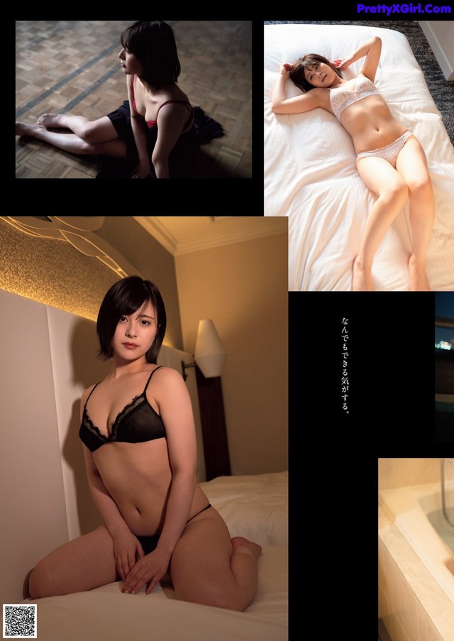 A woman in a black bra and panties laying on a bed.
