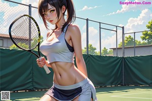 A woman in a white sports bra top holding a tennis racket.