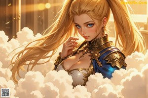 A woman in armor holding a sword in the sky.