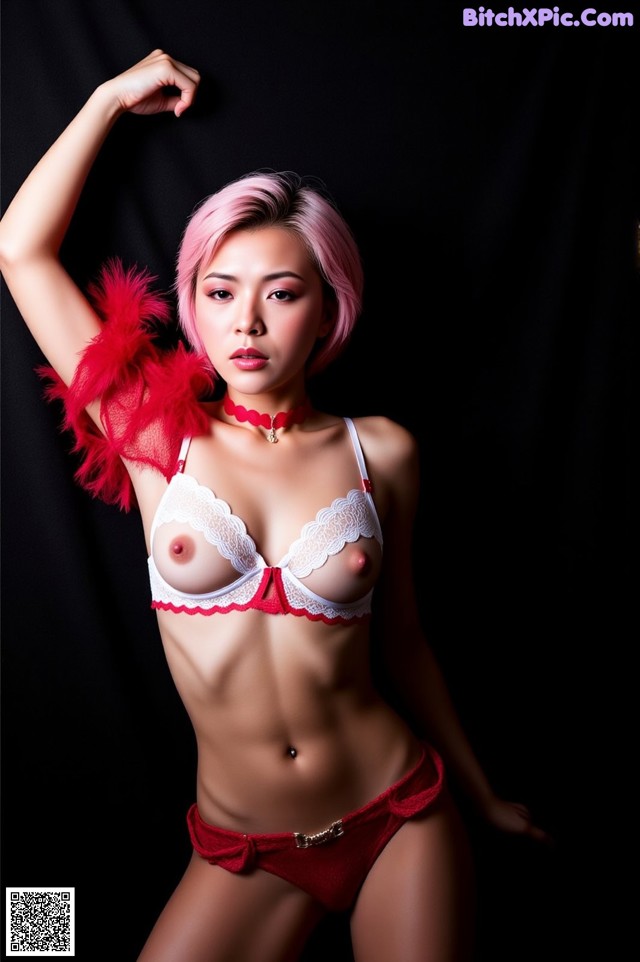 A woman in a red and white lingerie posing for a picture.