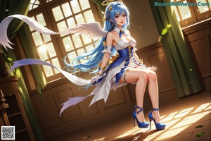 A woman with blue hair wearing a white dress and a halo.