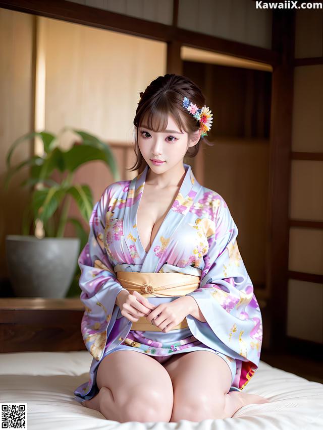 A woman in a kimono sitting on a bed.