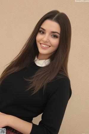 A woman in a black dress posing for a picture.