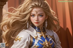 A woman with long blonde hair wearing a white and gold outfit.