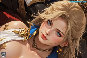 A woman with blonde hair and blue eyes holding a sword.