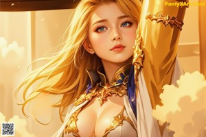 A woman with blonde hair and blue eyes holding a sword.