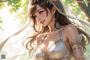 a woman in a wedding dress standing in the woods