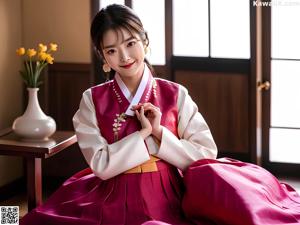 A woman in a blue and white hanbok poses for a picture.