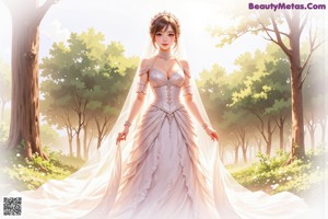 A woman in a wedding dress standing in the woods.