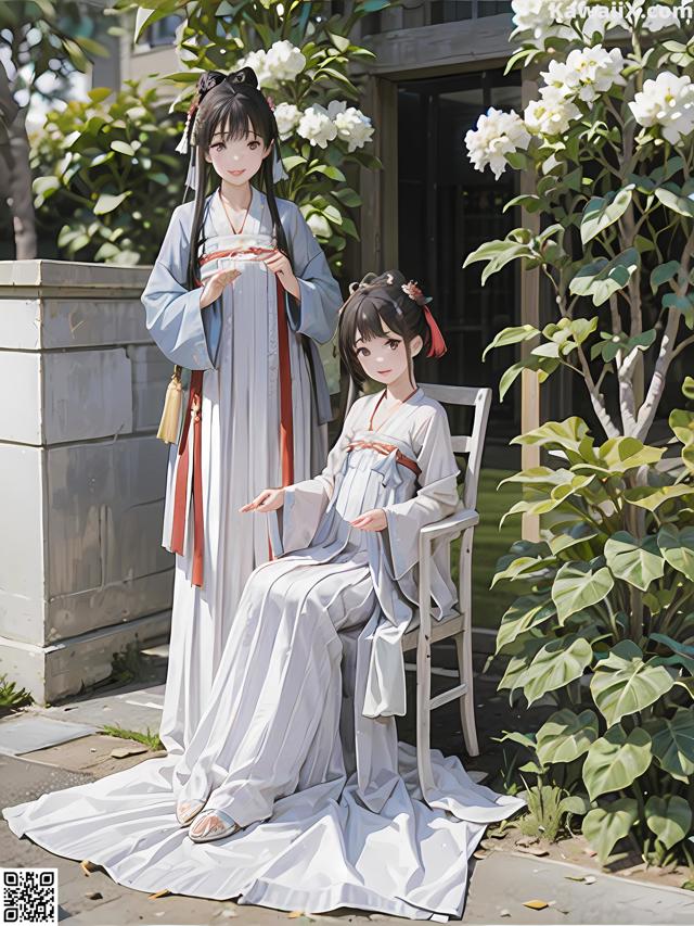 A couple of women sitting on top of a white chair.