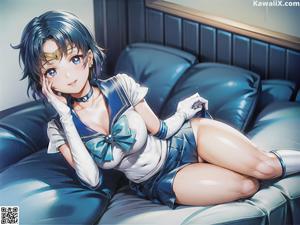 A girl in a sailor outfit sitting on a bed.