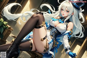 A woman in a white and blue outfit holding a sword.