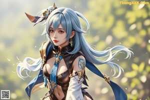 A woman with blue hair standing on top of a mountain.
