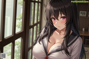 Anime girl with big tits posing in a black jacket.