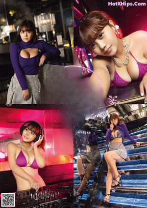 A woman in a purple bikini sitting on a red couch.