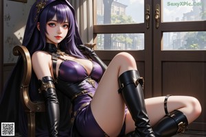 A woman with purple hair wearing a purple bra and black lingerie.