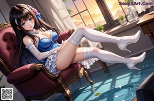 A woman in a blue and white dress sitting on the floor.