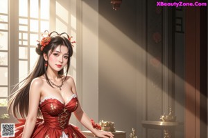 A woman in a red and white dress holding a sword.