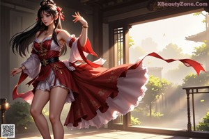 A woman in a red and white dress sitting on a bench.