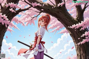 A woman in traditional attire stands by a cherry blossom tree, holding a sword.