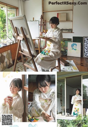 A collage of photos of a woman eating pizza and drinking milk.