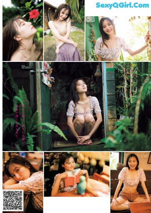 A collage of photos of a woman sitting on a bench.