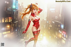 A woman in a red latex outfit is posing in the middle of a city.