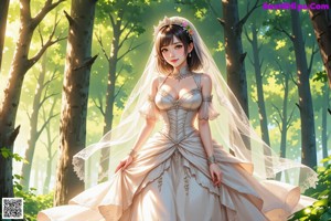 a woman in a wedding dress standing in the woods