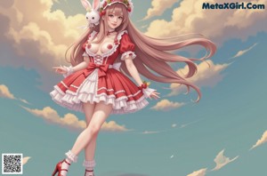 A woman in a red and white dress with a bunny hat.