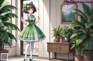 A woman in a green and white dress standing in front of a door.