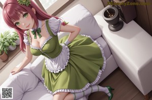 A woman in a green dress sitting on a ledge.