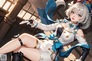 A woman with long white hair wearing a blue and white outfit.