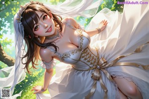 A woman in a wedding dress standing in the woods.