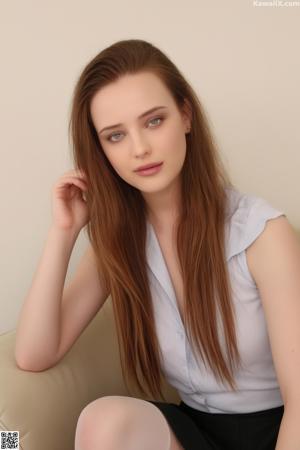 A woman in a white shirt is posing on a couch.