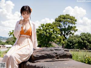 A woman in a yellow kimono sitting on a bed.