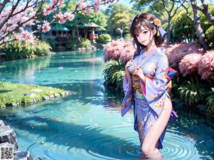 A woman in a blue kimono sitting on a wooden bench.