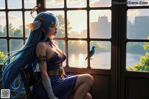 a woman in a blue dress with long white hair