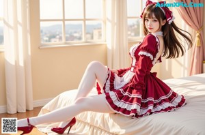 a woman in a red and white dress posing for a picture