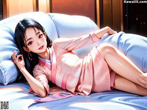 A woman in a kimono sitting on a bed.